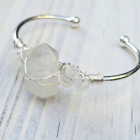 Moonstone Wire Wrap Cuff – 925 Silver Over Copper – Intuition & Balance Talisman - Picture 9 of 11
